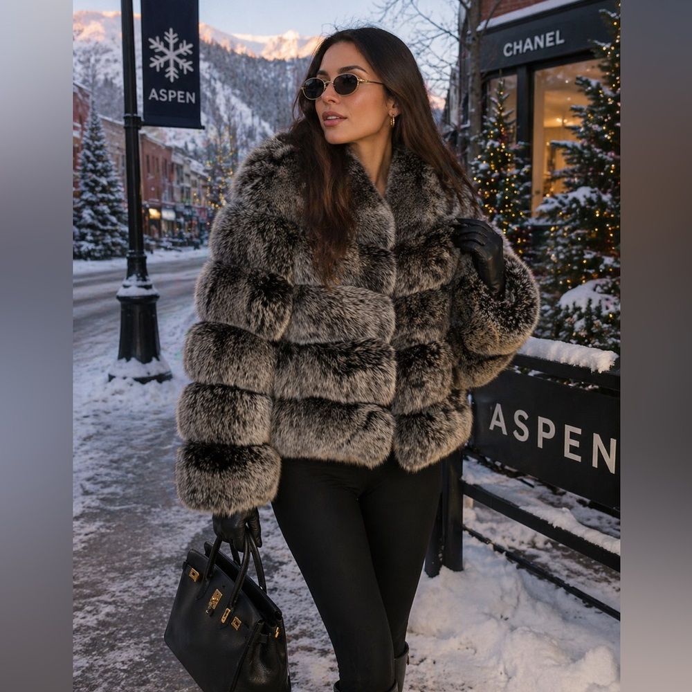 Women's Luxurious BLACK FROSTING real fox natural Fur Jacket size XS /small